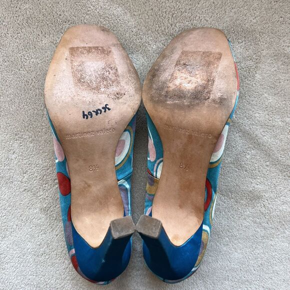 Martinez Valero Turquoise Teal Fabric Peep Toe Pump Multi-Color Dots Women’s 8.5 - Picture 11 of 16